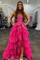 Load image into Gallery viewer, Sparkly Black Spaghetti Straps Tiered Long Corset Prom Dress with Slit