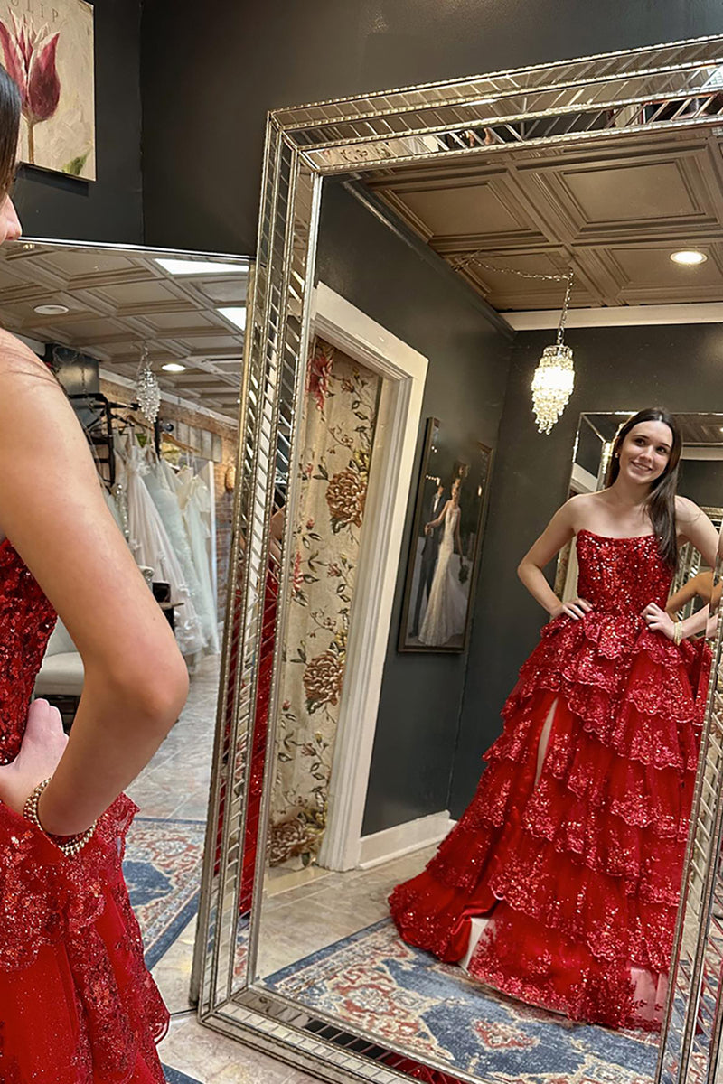 Load image into Gallery viewer, Sparkly Red Strapless Tiered Sequin Long Corset Prom Dress with Slit