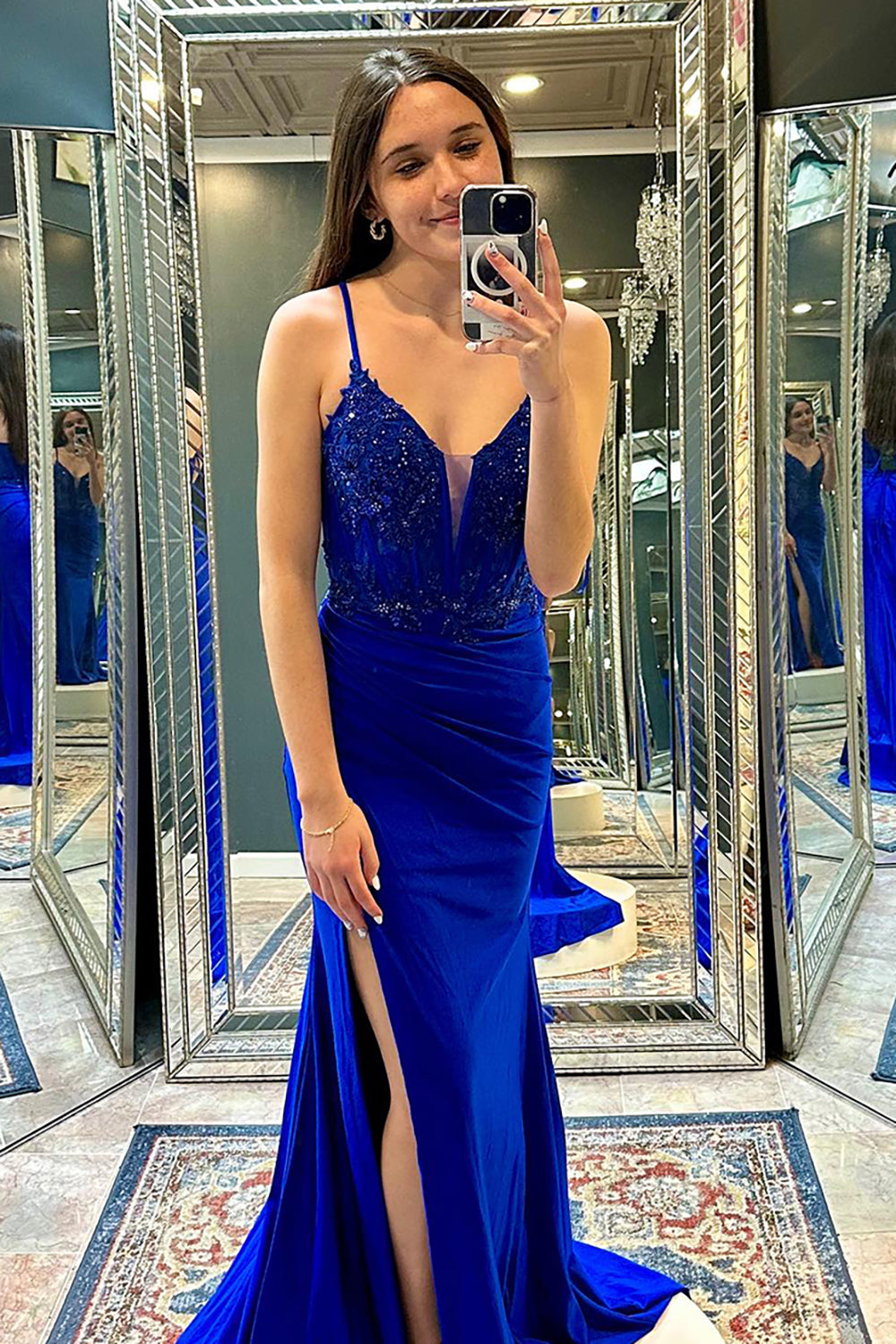 Queendancer Women Sparkly Royal Blue Corset Prom Dress with Slit