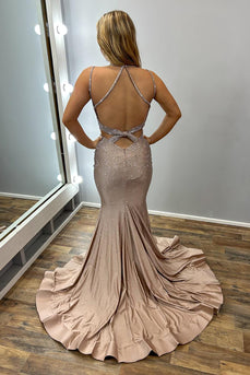 Sparkly Gold Mermaid Spaghetti Straps Long Beaded Prom Dress