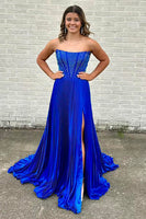 Load image into Gallery viewer, Sparkly Black Beaded Pleated Long Corset Prom Dress with Slit