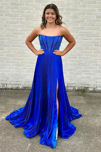 Sparkly Black Beaded Pleated Long Corset Prom Dress with Slit