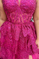 Load image into Gallery viewer, Sparkly Fuchsia Halter Tiered Long Corset Prom Dress with Slit