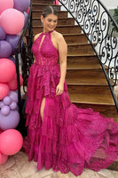 Load image into Gallery viewer, Sparkly Fuchsia Halter Tiered Long Corset Prom Dress with Slit