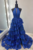 Load image into Gallery viewer, Sparkly Fuchsia Halter Tiered Long Corset Prom Dress with Slit