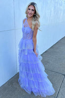 Load image into Gallery viewer, Sparkly Lilac A Line Tiered One Shoulder Long Corset Prom Dress