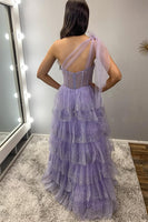 Load image into Gallery viewer, Sparkly Lilac A Line Tiered One Shoulder Long Corset Prom Dress