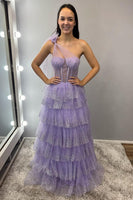 Load image into Gallery viewer, Sparkly Lilac A Line Tiered One Shoulder Long Corset Prom Dress