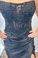 Load image into Gallery viewer, Floral Black Mermaid Strapless Long Satin Prom Dress with Slit