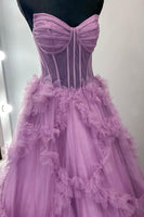 Load image into Gallery viewer, Taro Purple Ruffled A Line Strapless Long Corset Prom Dress