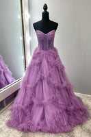 Load image into Gallery viewer, Taro Purple Ruffled A Line Strapless Long Corset Prom Dress