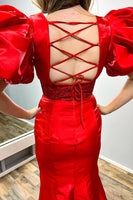 Load image into Gallery viewer, Sparkly Red V-Neck Puff Sleeves Long Beaded Prom Dress with Slit
