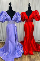 Load image into Gallery viewer, Sparkly Red V-Neck Puff Sleeves Long Beaded Prom Dress with Slit