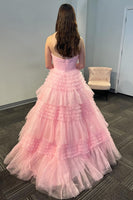 Load image into Gallery viewer, Light Pink A Line One Shoulder Tiered Long Tulle Prom Dress