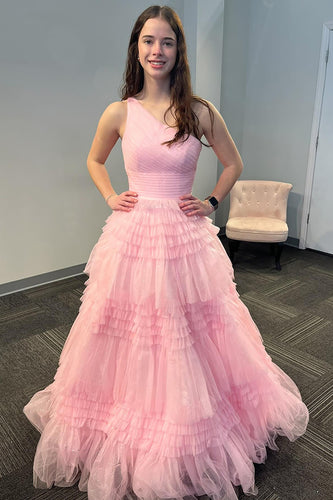 Light Pink A Line One Shoulder Tiered Long Tulle Prom Dress