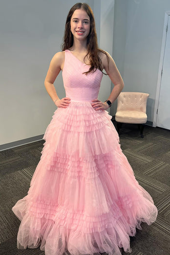 Light Pink A Line One Shoulder Tiered Long Tulle Prom Dress