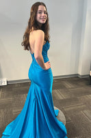 Load image into Gallery viewer, Sparkly Blue Beaded Corset Strapless Long Satin Prom Dress