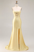 Load image into Gallery viewer, Sparkly Yellow Satin Mermaid Beaded Long Prom Dress with Keyhole