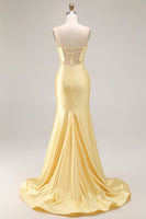 Load image into Gallery viewer, Sparkly Yellow Satin Mermaid Beaded Long Prom Dress with Keyhole