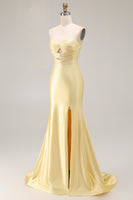 Load image into Gallery viewer, Sparkly Yellow Satin Mermaid Beaded Long Prom Dress with Keyhole