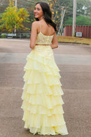 Load image into Gallery viewer, Yellow Mermaid Tiered Appliqued Long Prom Dress with Slit