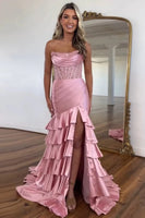 Load image into Gallery viewer, Sparkly Blush Corset Tiered Long Prom Dress with Slit