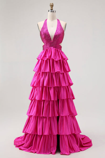 Sparkly Fuchsia A-Line Tiered Halter Backless Long Prom Dress with Beading