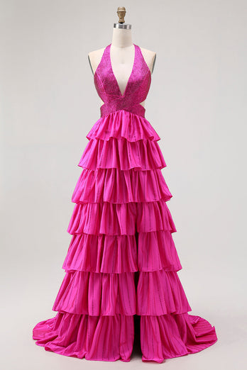 Sparkly Fuchsia A-Line Tiered Halter Backless Long Prom Dress with Beading
