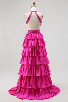 Sparkly Fuchsia A-Line Tiered Halter Backless Long Prom Dress with Beading