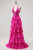 Load image into Gallery viewer, Sparkly Fuchsia A-Line Tiered Halter Backless Long Prom Dress with Beading