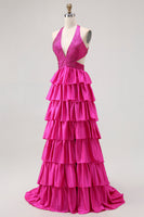 Load image into Gallery viewer, Sparkly Fuchsia A-Line Tiered Halter Backless Long Prom Dress with Beading