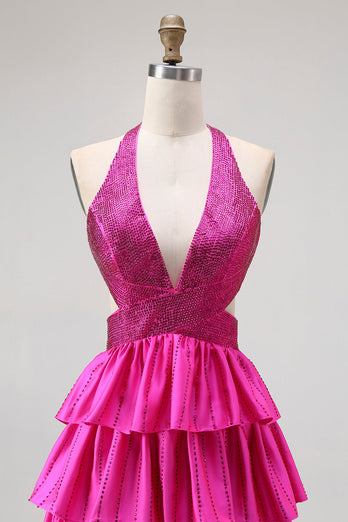 Sparkly Fuchsia A-Line Tiered Halter Backless Long Prom Dress with Beading