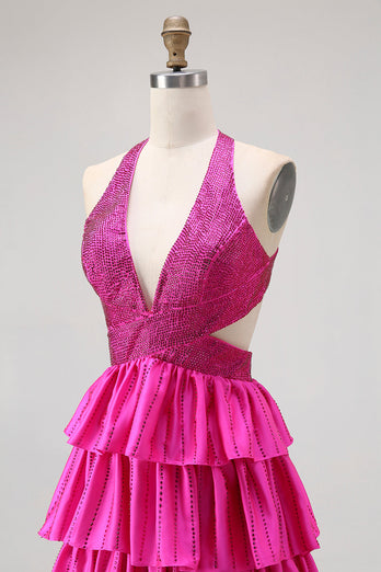 Sparkly Fuchsia A-Line Tiered Halter Backless Long Prom Dress with Beading