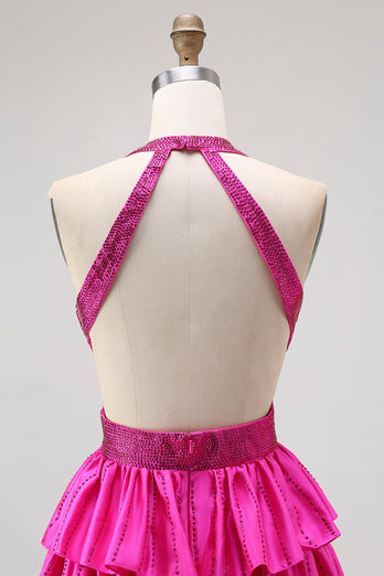 Sparkly Fuchsia A-Line Tiered Halter Backless Long Prom Dress with Beading
