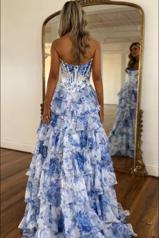 White Blue Flower Corset A Line Tiered Long Prom Dress