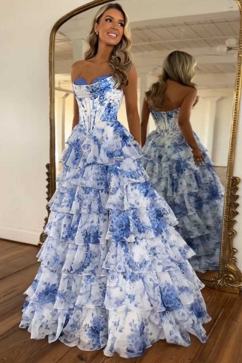 Load image into Gallery viewer, White Blue Flower Corset A Line Tiered Long Prom Dress
