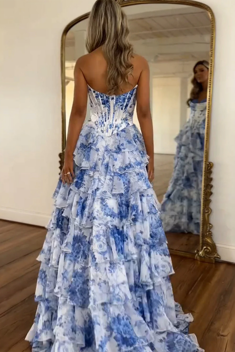 Load image into Gallery viewer, White Blue Flower Corset A Line Tiered Long Prom Dress