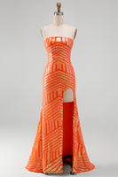 Load image into Gallery viewer, Sparkly Orange Mermaid Strapless Sequins Long Prom Dress with Slit