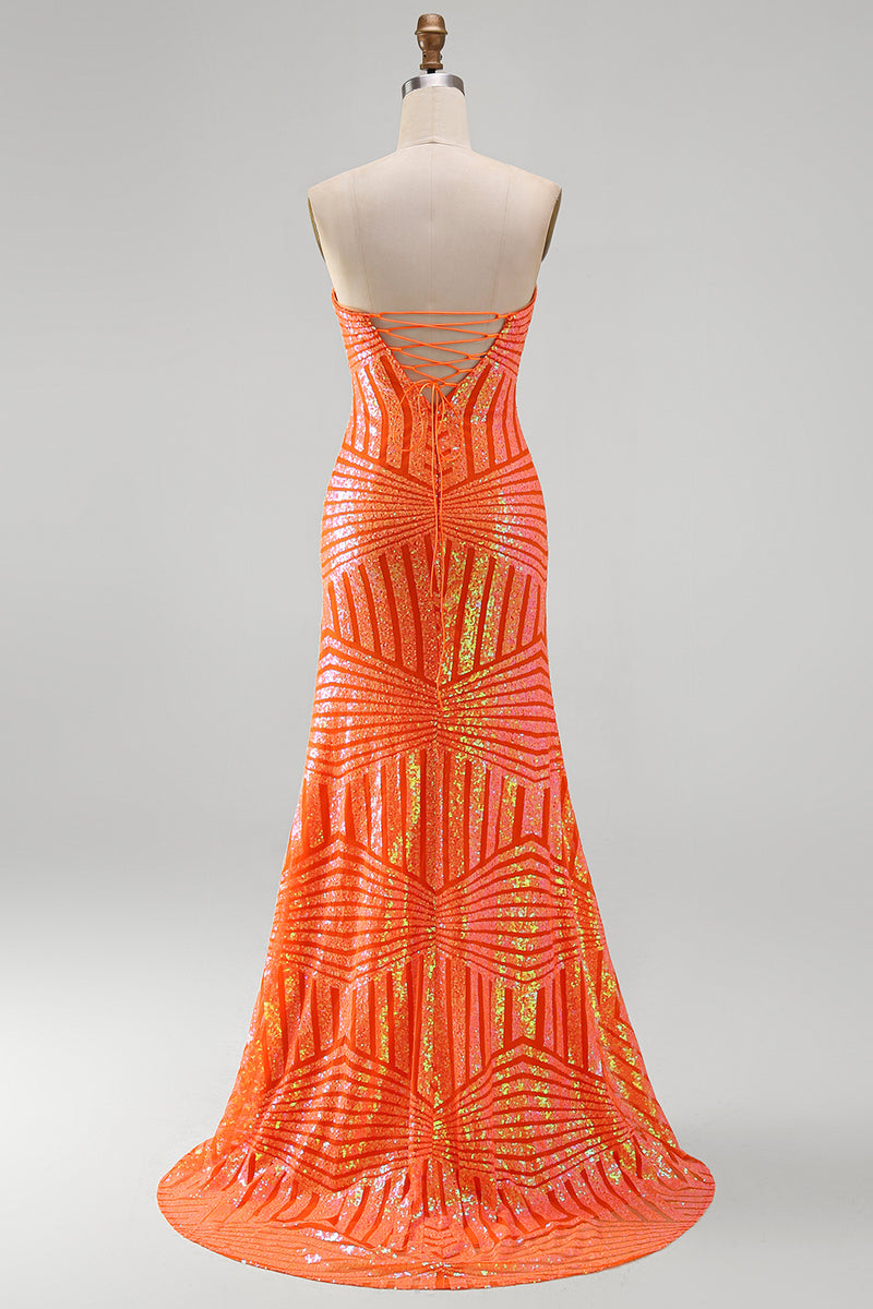 Load image into Gallery viewer, Sparkly Orange Mermaid Strapless Sequins Long Prom Dress with Slit