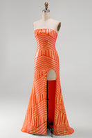 Load image into Gallery viewer, Sparkly Orange Mermaid Strapless Sequins Long Prom Dress with Slit