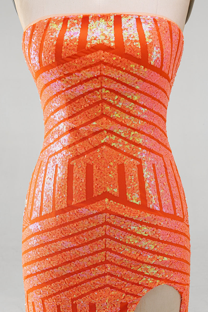 Load image into Gallery viewer, Sparkly Orange Mermaid Strapless Sequins Long Prom Dress with Slit
