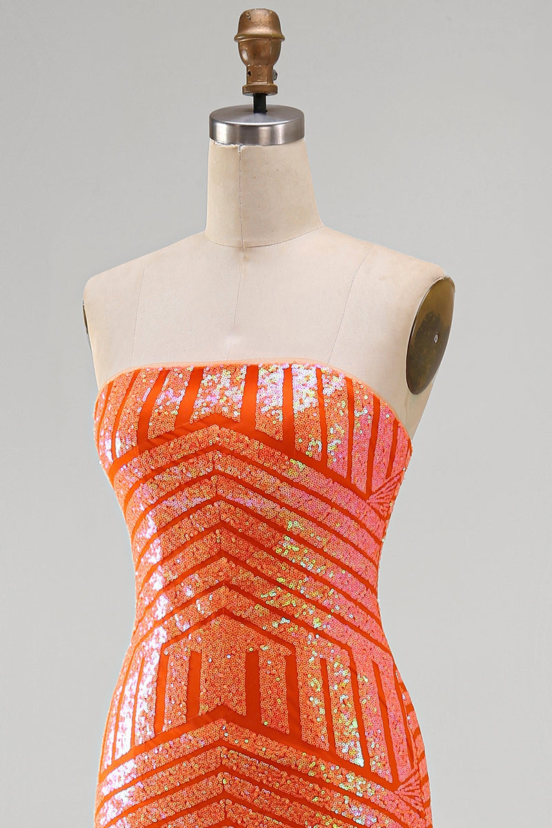 Load image into Gallery viewer, Sparkly Orange Mermaid Strapless Sequins Long Prom Dress with Slit