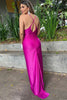 Load image into Gallery viewer, Fuchsia Ruched Spaghetti Straps Sheath Long Satin Prom Dress