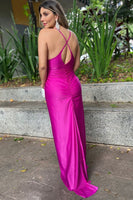 Load image into Gallery viewer, Fuchsia Ruched Spaghetti Straps Sheath Long Satin Prom Dress