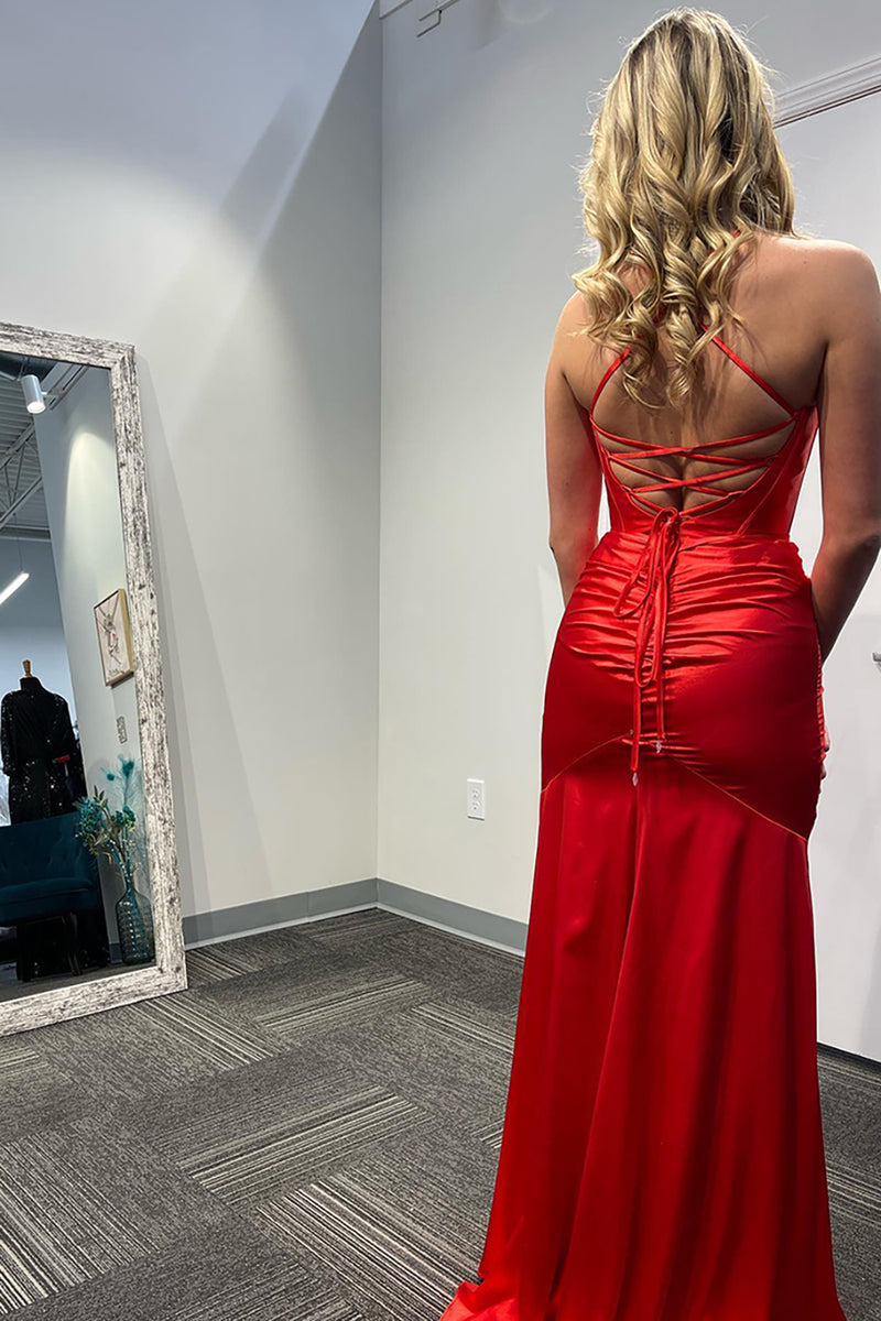 Load image into Gallery viewer, Red Corset Spaghetti Straps Satin Long Prom Dress with Slit
