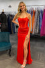 Load image into Gallery viewer, Red Corset Spaghetti Straps Satin Long Prom Dress with Slit