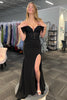 Load image into Gallery viewer, Sparkly Black Off the Shoulder Feathers Long Corset Prom Dress with Slit
