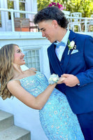 Load image into Gallery viewer, Sparkly Blue Floral Spaghetti Straps Long Corset Prom Dress