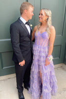 Load image into Gallery viewer, Sparkly Lilac A Line Tiered Long Corset Prom Dress with Slit