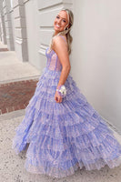 Load image into Gallery viewer, Sparkly Lilac A Line Tiered Long Corset Prom Dress with Slit